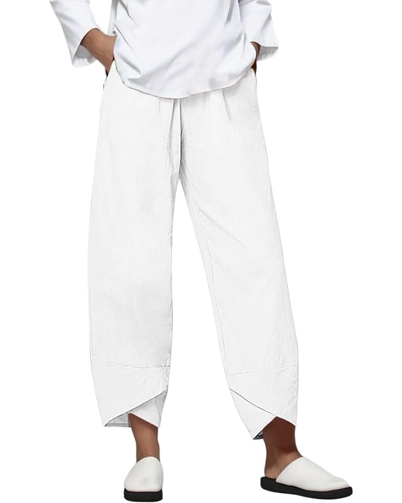 Trendy Summer Capri Pants for Women Cotton Linen Loose Fit Elastic Waisted Wide Leg Cropped Lounge Trousers White $7.21 Pants