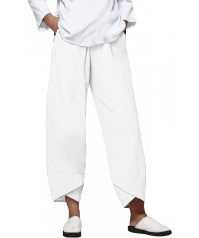 Trendy Summer Capri Pants for Women Cotton Linen Loose Fit Elastic Waisted Wide Leg Cropped Lounge Trousers White $7.21 Pants