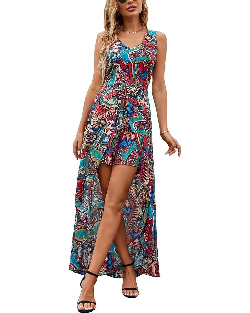 Womens Sleeveless Scoop Neck Floral Rayon Party Split Maxi Romper Dress Multi-color Floral $17.60 Dresses