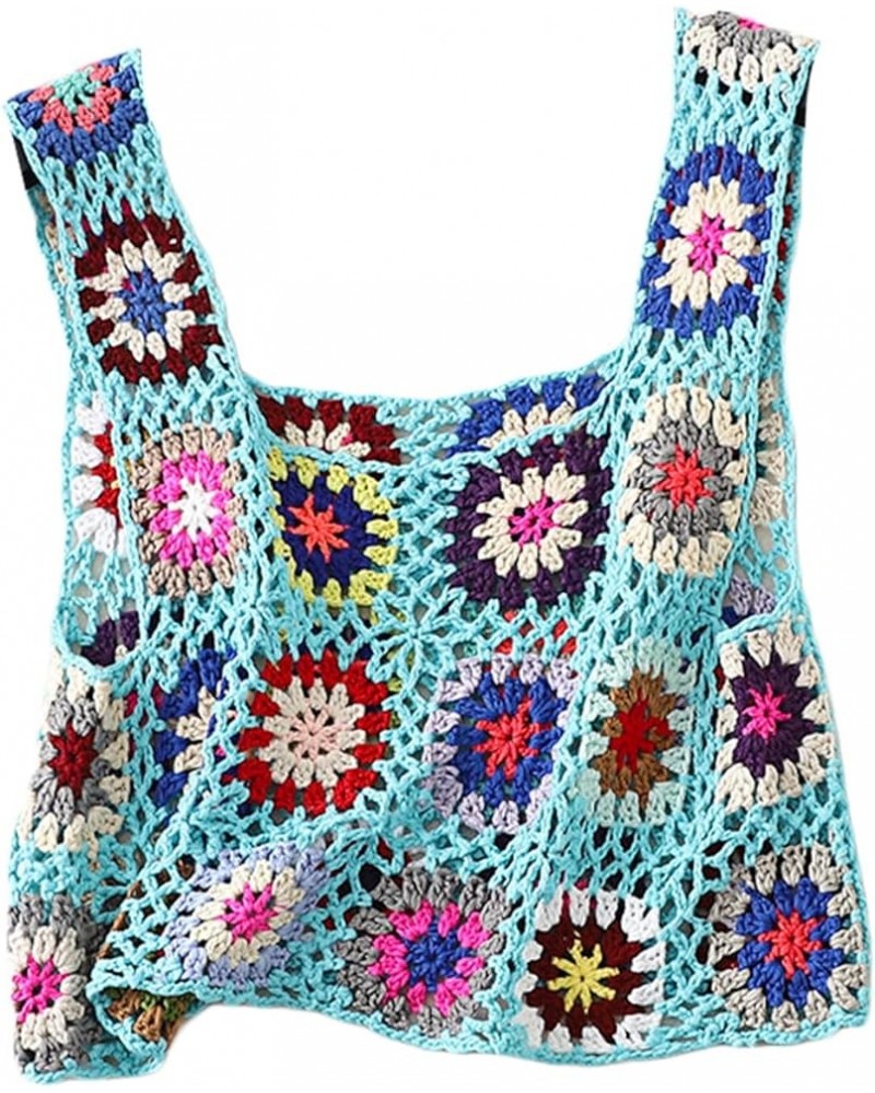 Women's Summer Crochet Tank Top Y2K Colorful Floral Embroidery Knit Vest Tops Boho Camisole Coverups Beachwear Lake Blue $10....