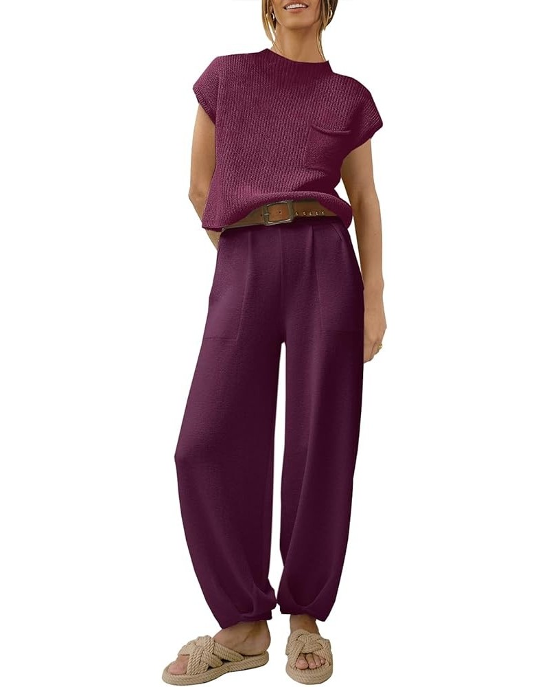 Women's Two Piece Outfits Sweater Sets Knit Pullover Tops and High Waisted Pants Tracksuit Lounge Sets Burgundy $21.60 Active...