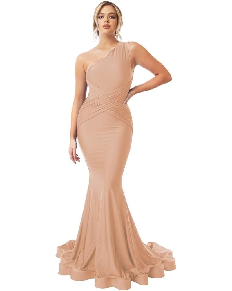 One Shoulder Mermaid Bridesmaid Dresses for Wedding Ruched Bodycon Prom Dress Long Formal Evening Gowns Peach $39.48 Dresses