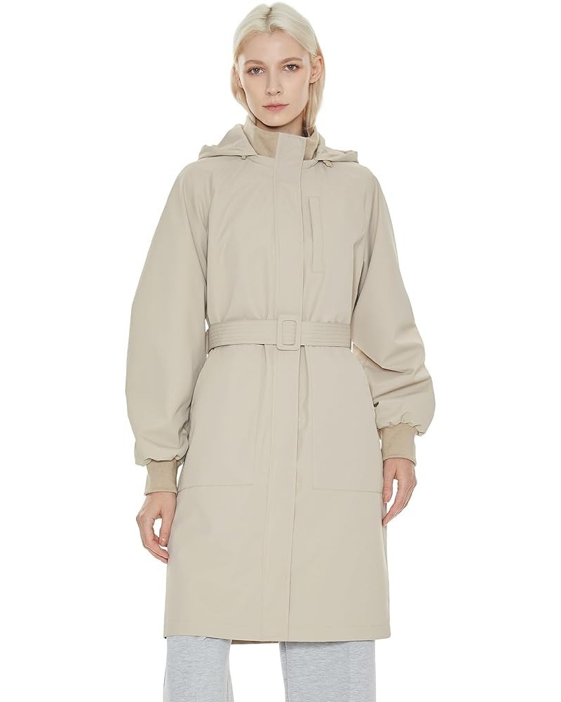 Women's Hooded Trench Coat Mid-Length Casual Jacket Stand Collar Overcoat Belted Warm Outerwear Beige $47.50 Coats