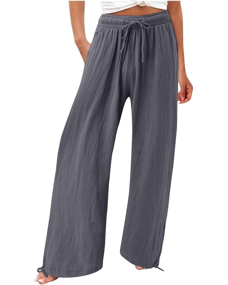 Linen Pants Women Summer Casual Pants Straight Leg Drawstring Elastic High Waist Loose Comfy Trousers with Pockets B-dark Gra...