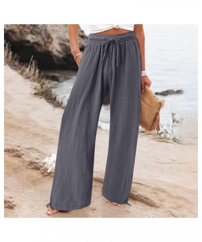 Linen Pants Women Summer Casual Pants Straight Leg Drawstring Elastic High Waist Loose Comfy Trousers with Pockets B-dark Gra...