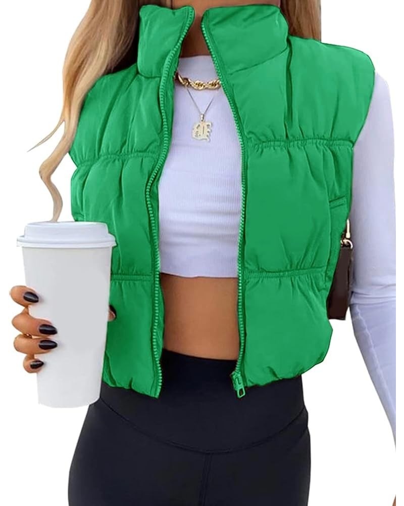 Womens Cropped Puffer Vest Zip Up Stand Collar Lightweight Sleeveless Padded Gilet with Pockets Green $17.48 Vests