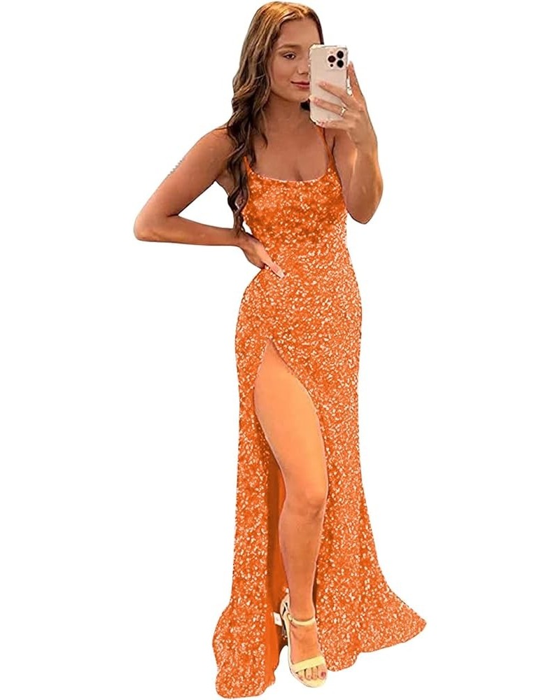 Sparkly Sequin Prom Dresses Spaghetti Straps High Slit Mermaid Formal Dress for Women Backless Evening Gowns Orange $34.19 Dr...