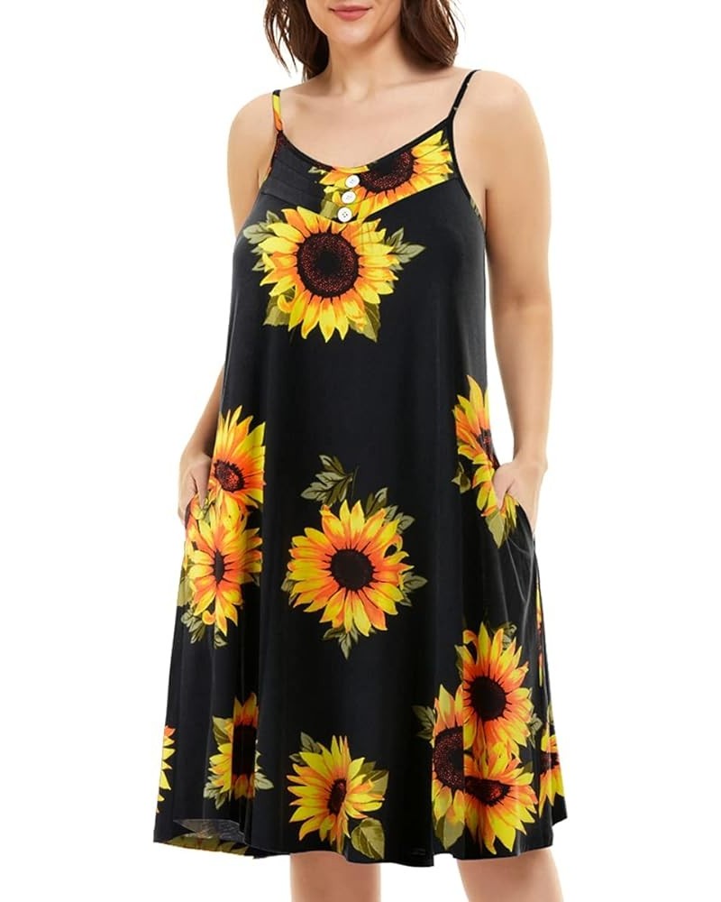 Women's Full Slip Sleeveless Plus Size Sleepwear Night Dress V Neck Button Nightshirts with Pockets Black Sunflower 2 $10.00 ...