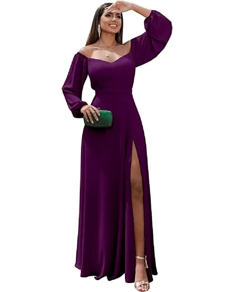 Long Sleeve Off The Shoulder Bridesmaid Dresses Chiffon Long Prom Formal Dress with Slit Evening Party Gown Dark Purple $35.2...