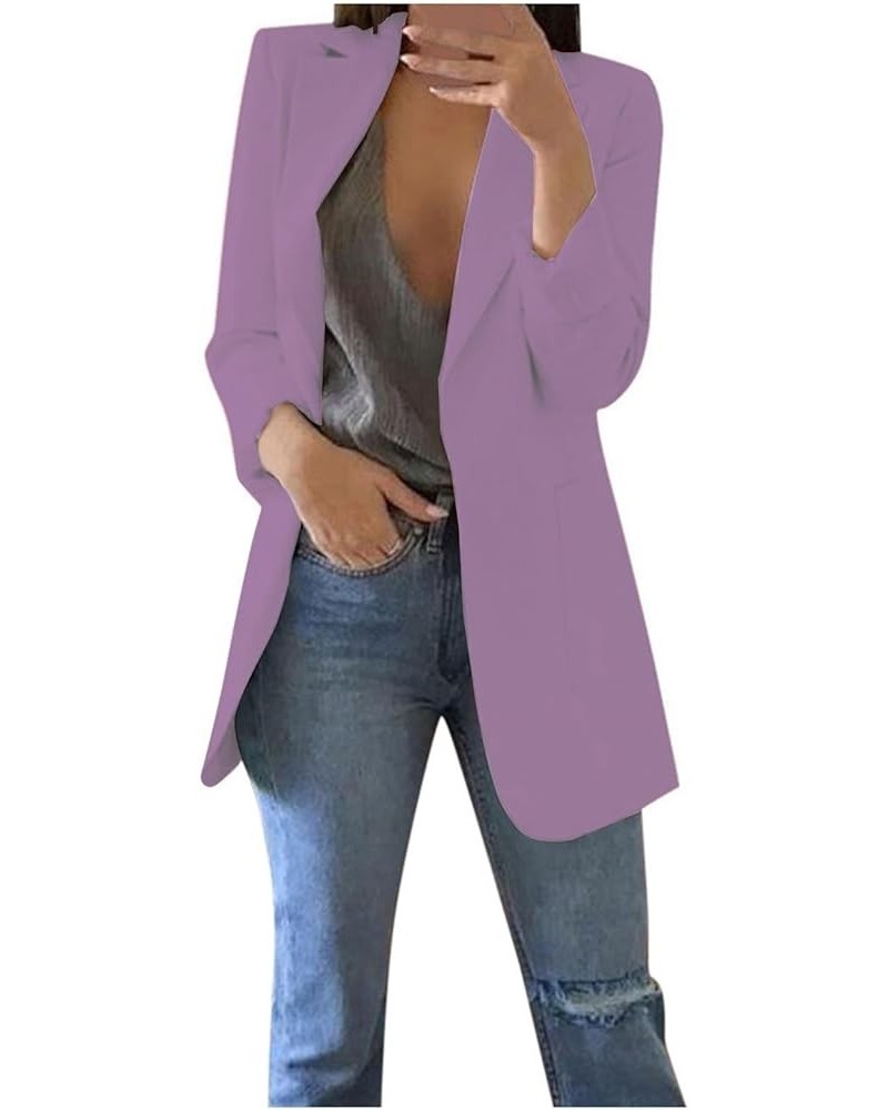 Blazers for Women Plus Size Fall Jackets Trendy Business Casual Blazers Open Front Lapel Jackets Long Sleeve Blazers A08-purp...