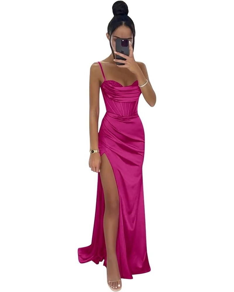 Women's Satin Cowl Neck Prom Dresses Long Spaghetti Straps Mermaid Corset Formal Evening Gown with Slit Hot Pink $33.79 Dresses