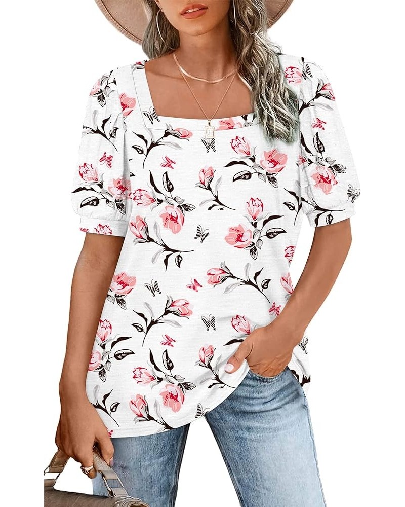 Womens Summer T Shirts Square Neck Puff Sleeve Tunic Tops Casual Blouse S-2XL 01-floral Black $10.49 Tops