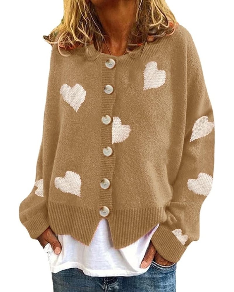 Womens Love Heart Pattern Cardigan Sweater Cute Y2K Long Sleeve Button Up Knit Outerwear Coat Khaki Love $19.27 Sweaters