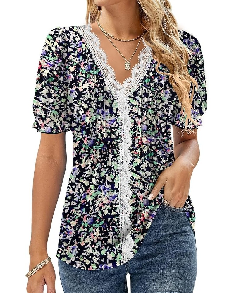 Womens Tops V Neck Puff Short Sleeve Pleated T Shirts Fashion Cute Summer Casual Tunic Blouse for Women Floral Purple Green $...