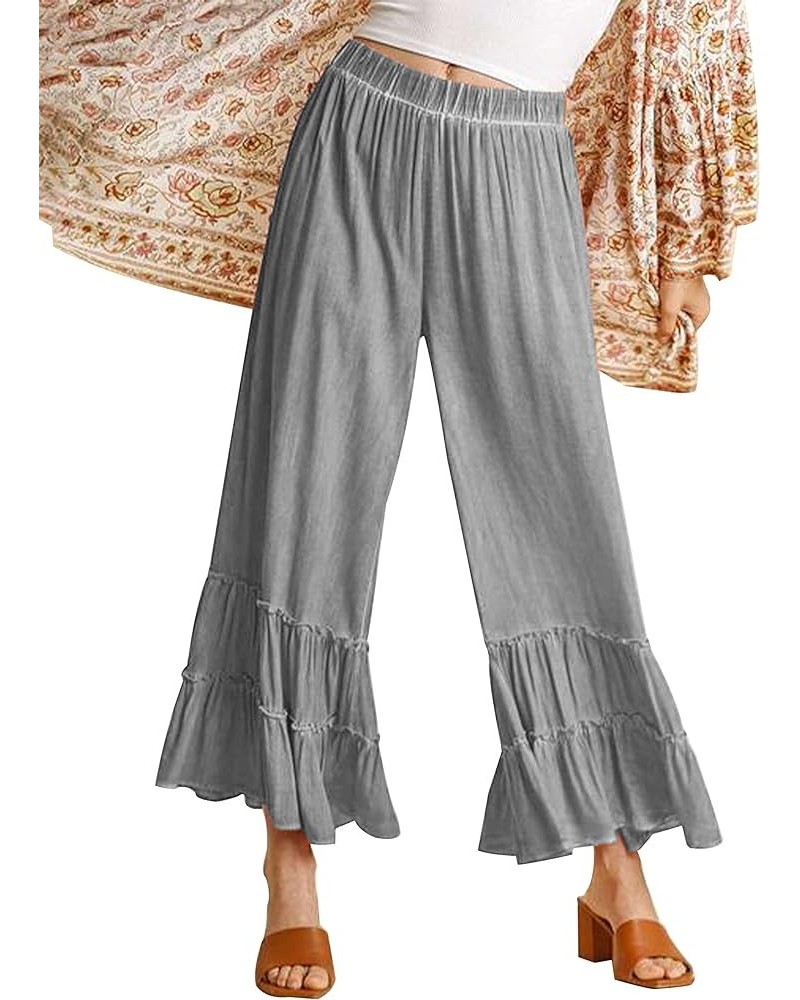 Flowy Palazzo Linen Pants for Women Elastic High Waisted Wide Leg Ruffle Ruched Loose Beach Trousers Grey $16.11 Pants