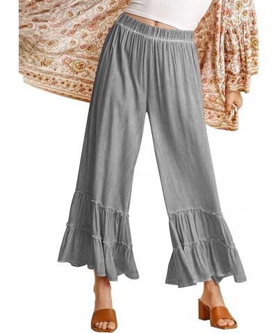 Flowy Palazzo Linen Pants for Women Elastic High Waisted Wide Leg Ruffle Ruched Loose Beach Trousers Grey $16.11 Pants