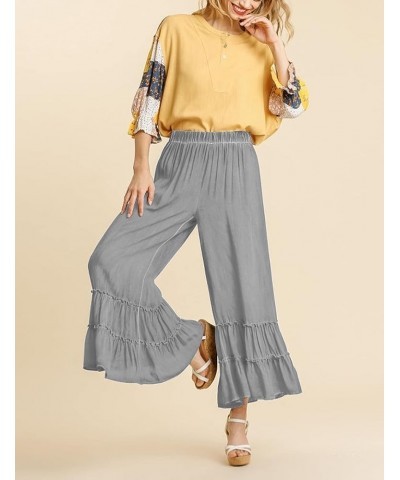 Flowy Palazzo Linen Pants for Women Elastic High Waisted Wide Leg Ruffle Ruched Loose Beach Trousers Grey $16.11 Pants