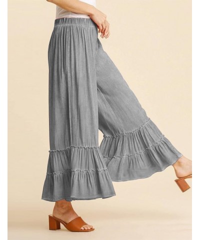 Flowy Palazzo Linen Pants for Women Elastic High Waisted Wide Leg Ruffle Ruched Loose Beach Trousers Grey $16.11 Pants