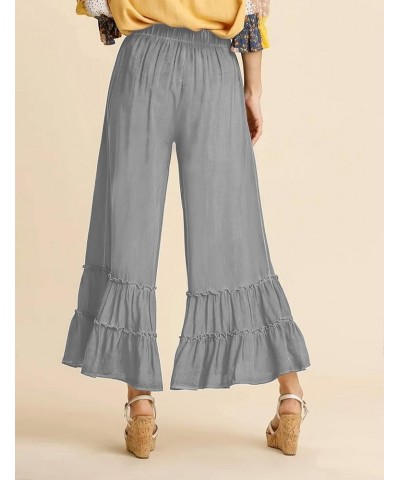 Flowy Palazzo Linen Pants for Women Elastic High Waisted Wide Leg Ruffle Ruched Loose Beach Trousers Grey $16.11 Pants