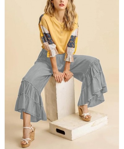 Flowy Palazzo Linen Pants for Women Elastic High Waisted Wide Leg Ruffle Ruched Loose Beach Trousers Grey $16.11 Pants