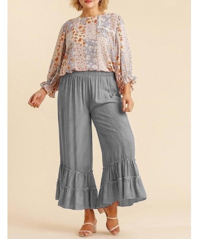 Flowy Palazzo Linen Pants for Women Elastic High Waisted Wide Leg Ruffle Ruched Loose Beach Trousers Grey $16.11 Pants