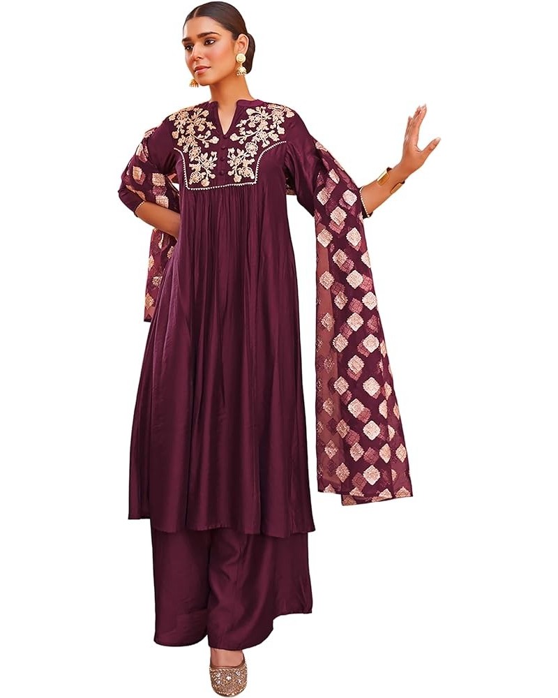 Indian Women's Purple Chanderi Embellished Kurta with Palazzo and Dupatta Purple $27.72 Tops