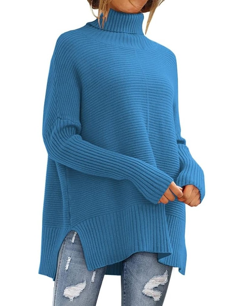 Women's Oversized Turtleneck Sweaters 2023 Fall Batwing Sleeve Ribbed Tunic Sweater Lake Blue $31.19 Sweaters