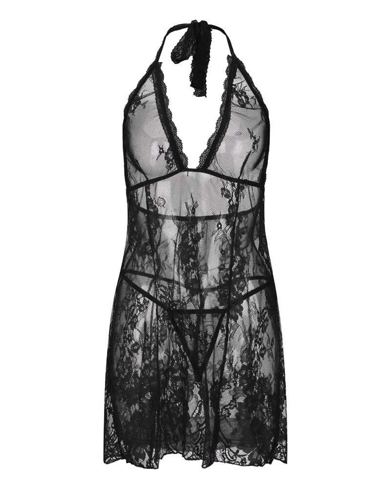 Women Valentines Lingerie Set Plus Size Babydoll Lingerie Dress Halter Lace Sleepwear Nightgown Black-b $5.27 Lingerie