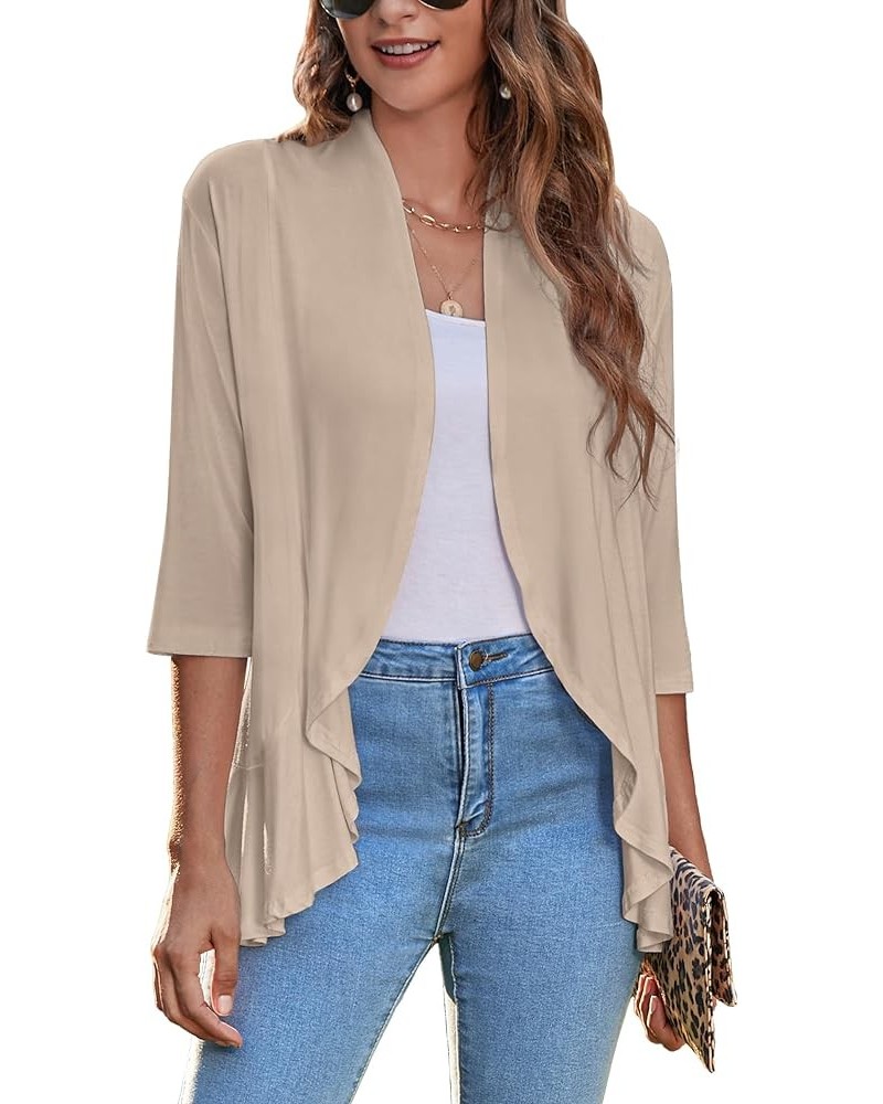 Women's Open Front Cardigan 3/4 Sleeve Draped Ruffles Soft Knit Sweaters Khaki $12.91 Sweaters