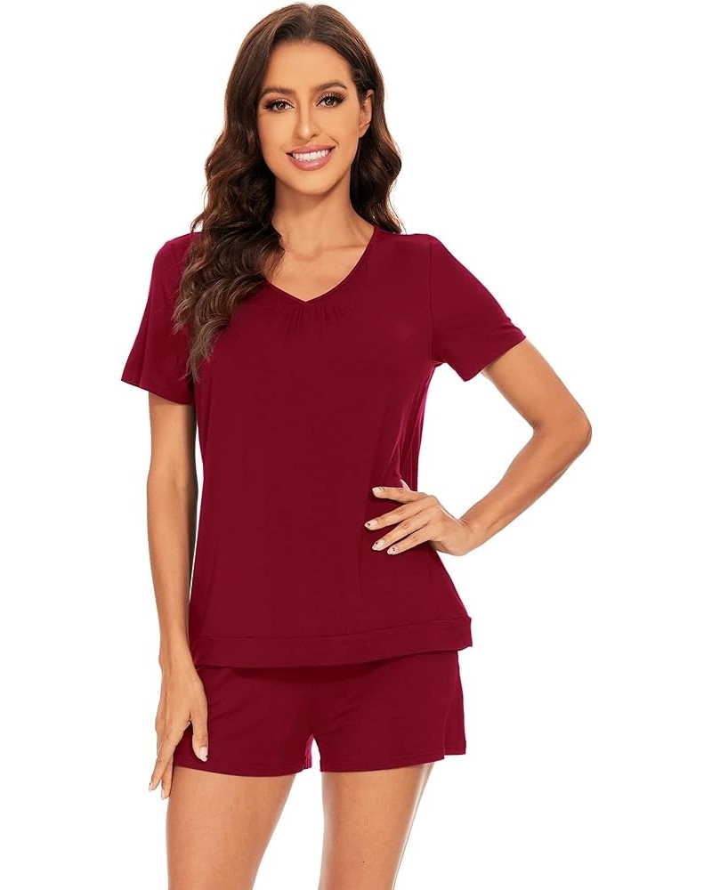 Pajamas Set for Women Short Sleeve Top and Shorts Pjs Set Viscose from Bamboo Ladies Summer Sleepwear S-XXL C-wine Red $18.35...