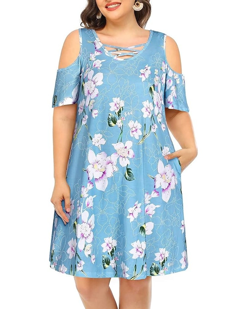 Women's Plus Size Sun Dress Cold Shoulder Casual T-Shirt Knee Length Sundresses with Pockets Floral Light Blue $10.32 Dresses