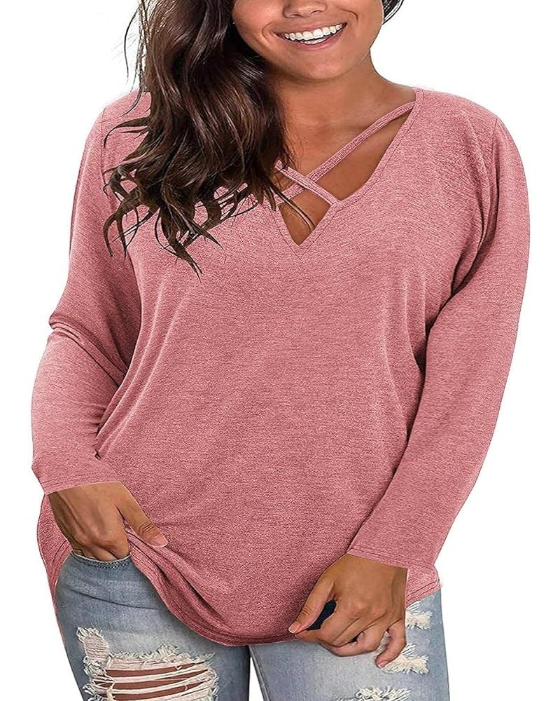 Plus Size Tops for Women Long Sleeve Sexy V Neck Criss Cross T-Shirts Casual Loose Cotton Tees Tunic Shirts Light Pink $11.39...