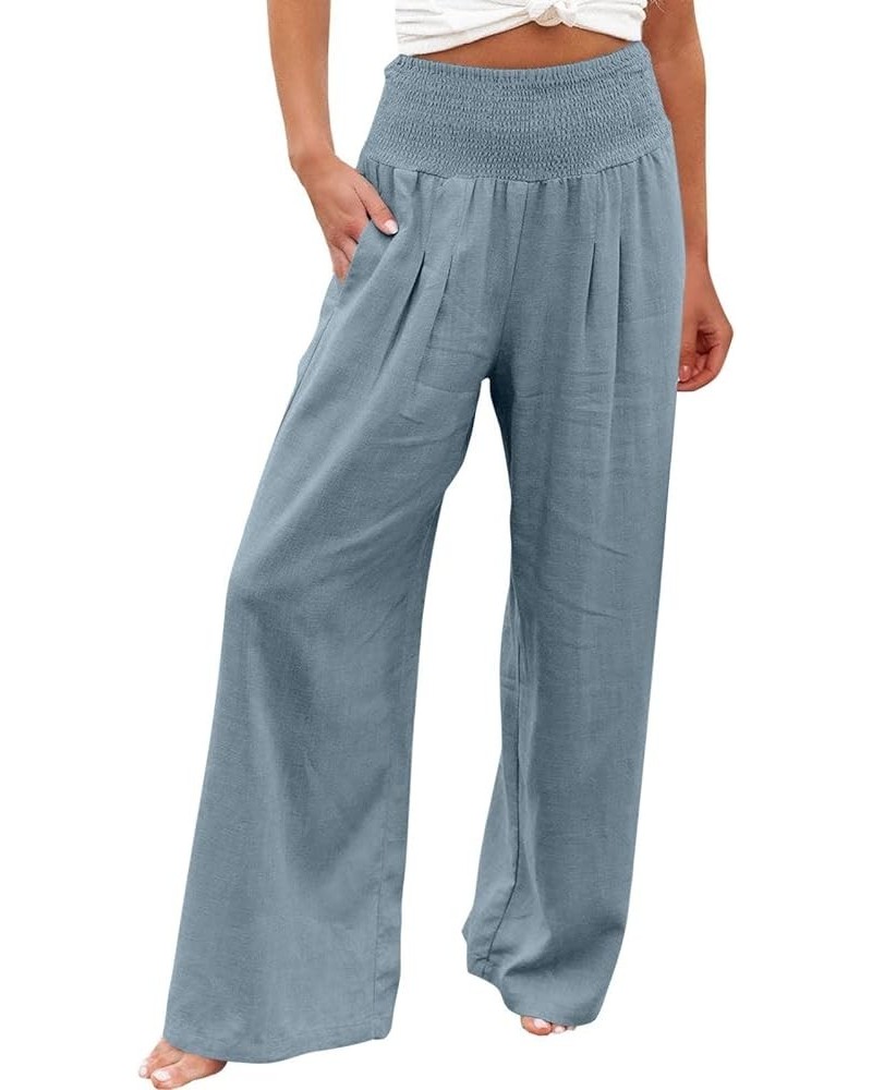 Cotton Linen Pant for Women,2024 Spring Summer Boho High Waisted Wide Leg Long Palazzo Pant Beach Lounge Trouser B-sky Blue $...