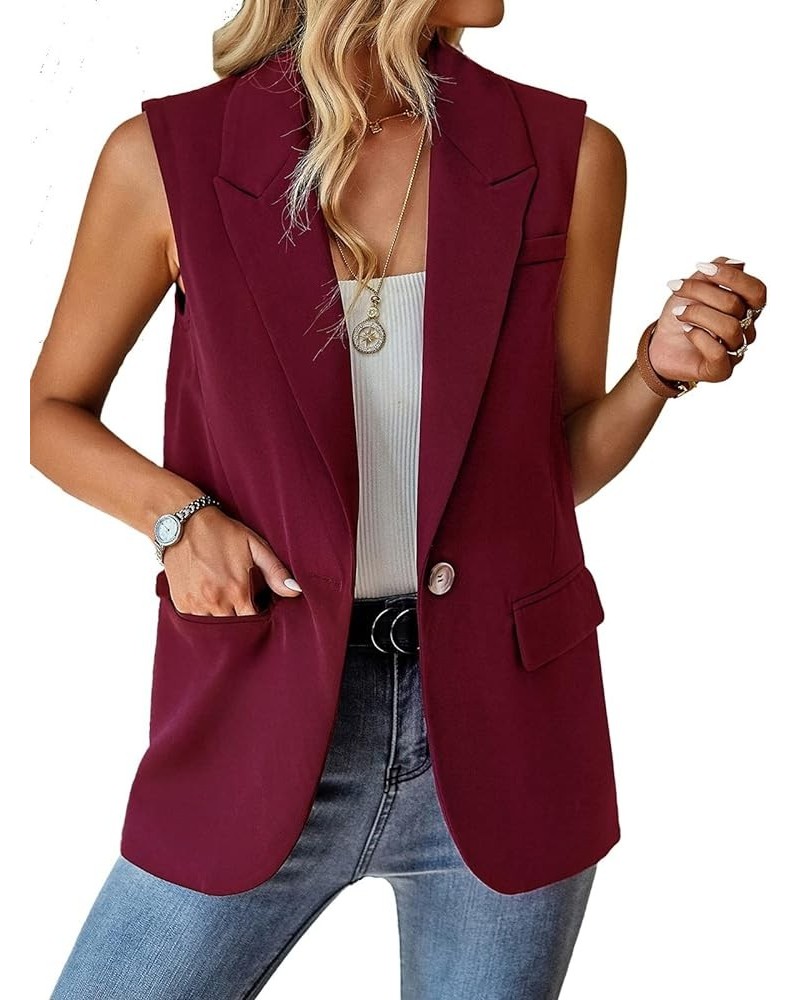 Women's Sleeveless Blazer Vest Casual Open Front Button Vest Lapel Office Cardigan Blazer With Pockets Red Wine $21.15 Vests