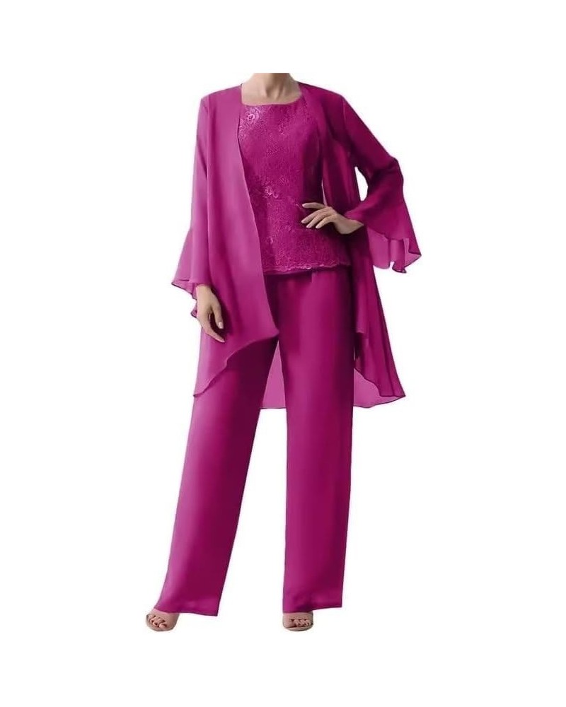 3 Pieces Mother of The Bride Pantsuits Chiffon Lace Long Sleeves Elegant Formal Gowns with Jackets Fuchsia $31.19 Suits