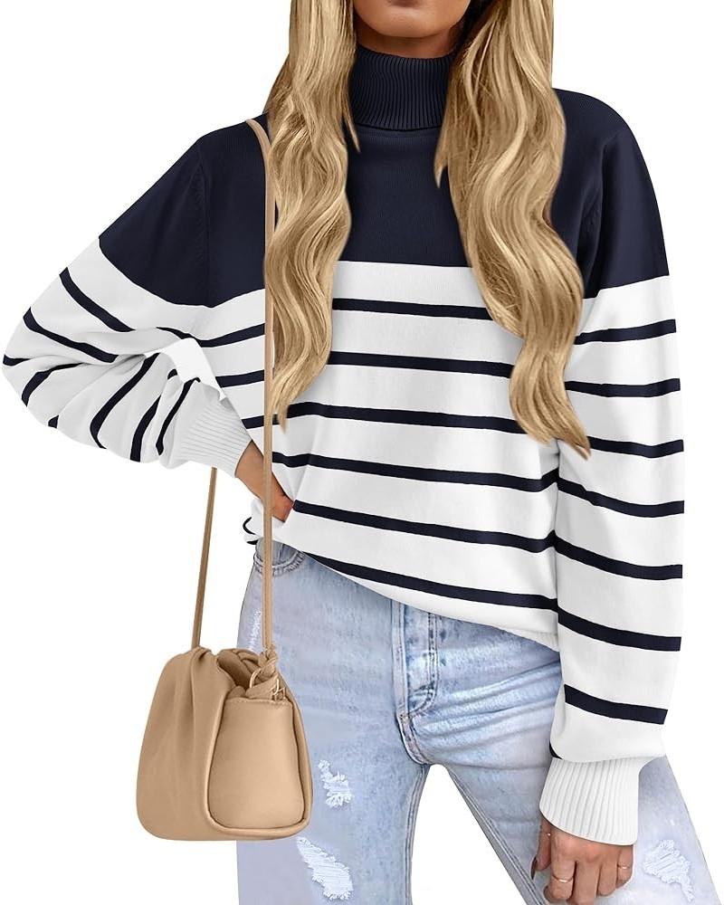 Women's 2024 Fall Winter Turtleneck Knitted Sweater Long Sleeve Striped Color Block Loose Ribbed Pullover Tops Stripe-navy $1...