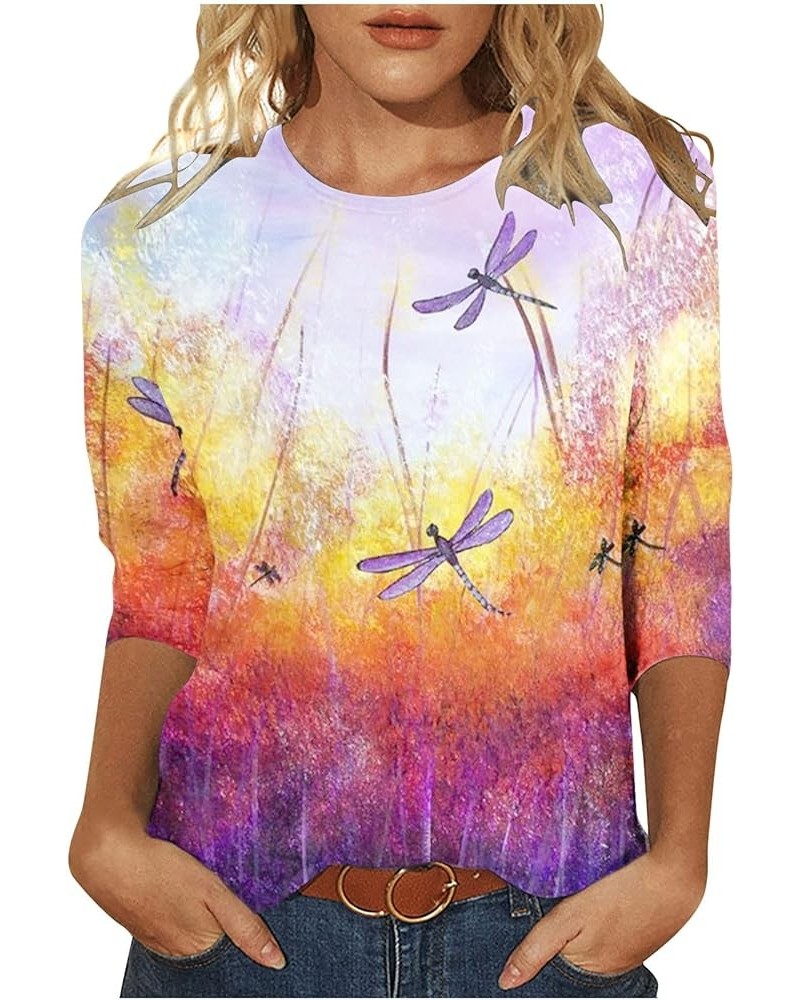 Elegant 3/4 Sleeve Blouses T Shirts for Women Summer Casual Graphic Dragonfly Print Oil Painting Round Neck Tee Tops Purple $...