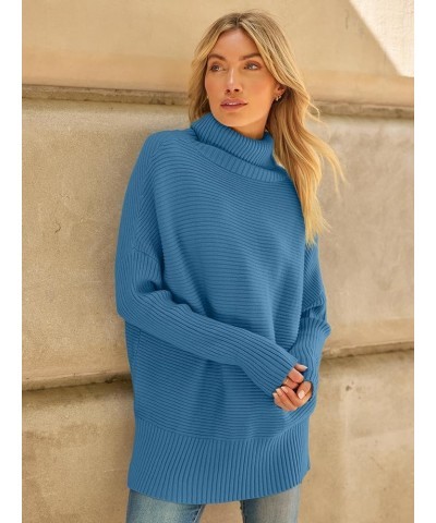 Women's Oversized Turtleneck Sweaters 2023 Fall Batwing Sleeve Ribbed Tunic Sweater Lake Blue $31.19 Sweaters