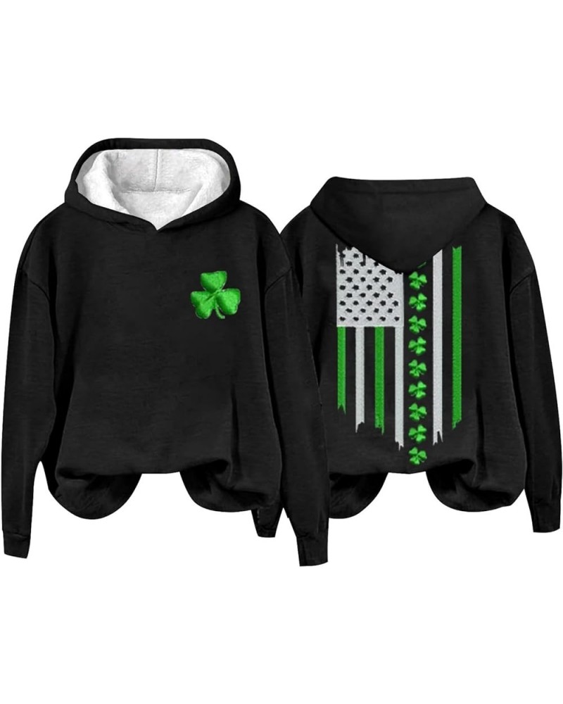 Women's St. Patrick's Day Hoodies Sweatshirt American Flag Shamrock Graphic Casual Tops Clover Long Sleeve Pullover C5-black ...