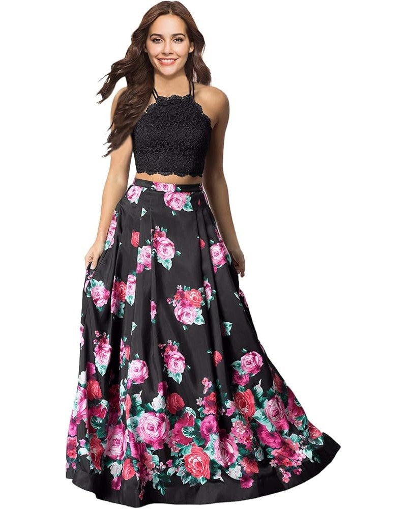 Women's Off Shoulder Floral Printed 2 Piece Prom Dress Long Lace Evening Formal Gowns Black-2 $46.56 Dresses