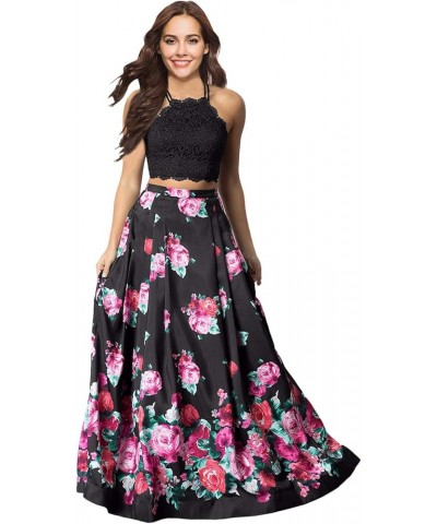 Women's Off Shoulder Floral Printed 2 Piece Prom Dress Long Lace Evening Formal Gowns Black-2 $46.56 Dresses