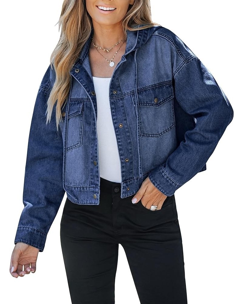 Denim Jacket for Women Hooded Lightweight Cropped Jean Jacket Oversized Button Down Shacket Trendy Fashion Darkness Blue $21....