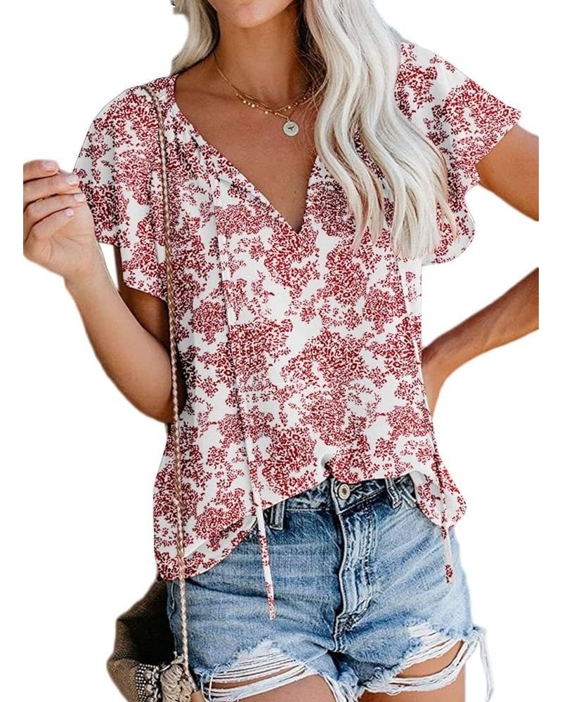 Women's Casual Floral Ruffle Short Sleeve Tops Cute Boho V Neck Loose Blouses Summer Fall Shirts 100 Dark Pink $9.17 Blouses