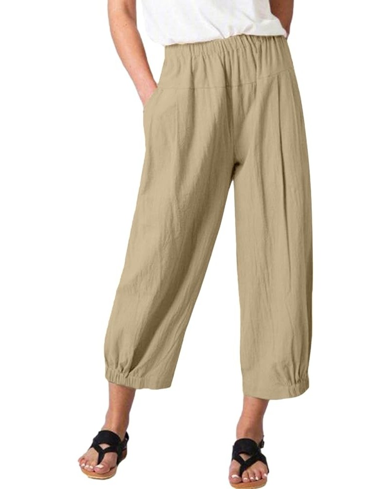 Linen Capri Pants for Women High Waisted Wide Leg Yoga Capris Crop Pants Sweatpants with Pockets Khaki $16.00 Pants