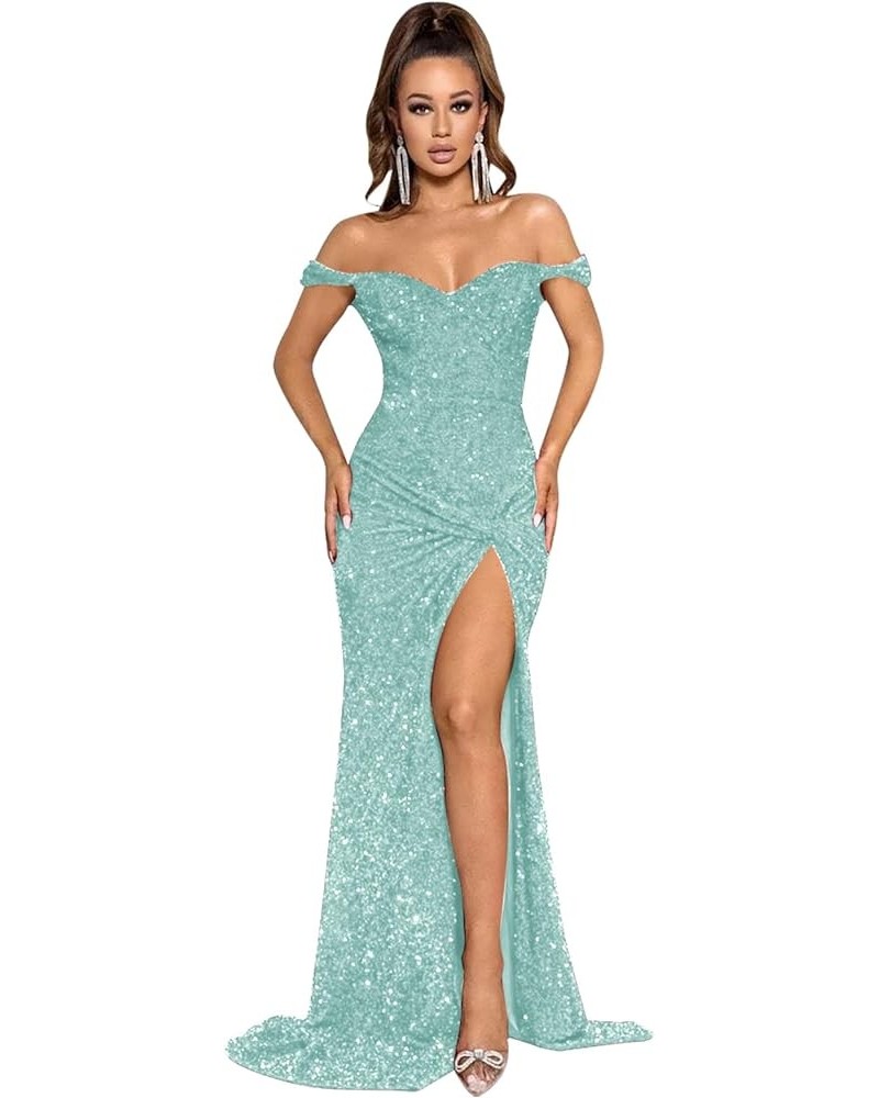 Sparkly Sequin Cocktail Prom Dresse Mermaid Off The Shoulder Formal Evening Party Gown with Slit Mint Green $27.00 Dresses