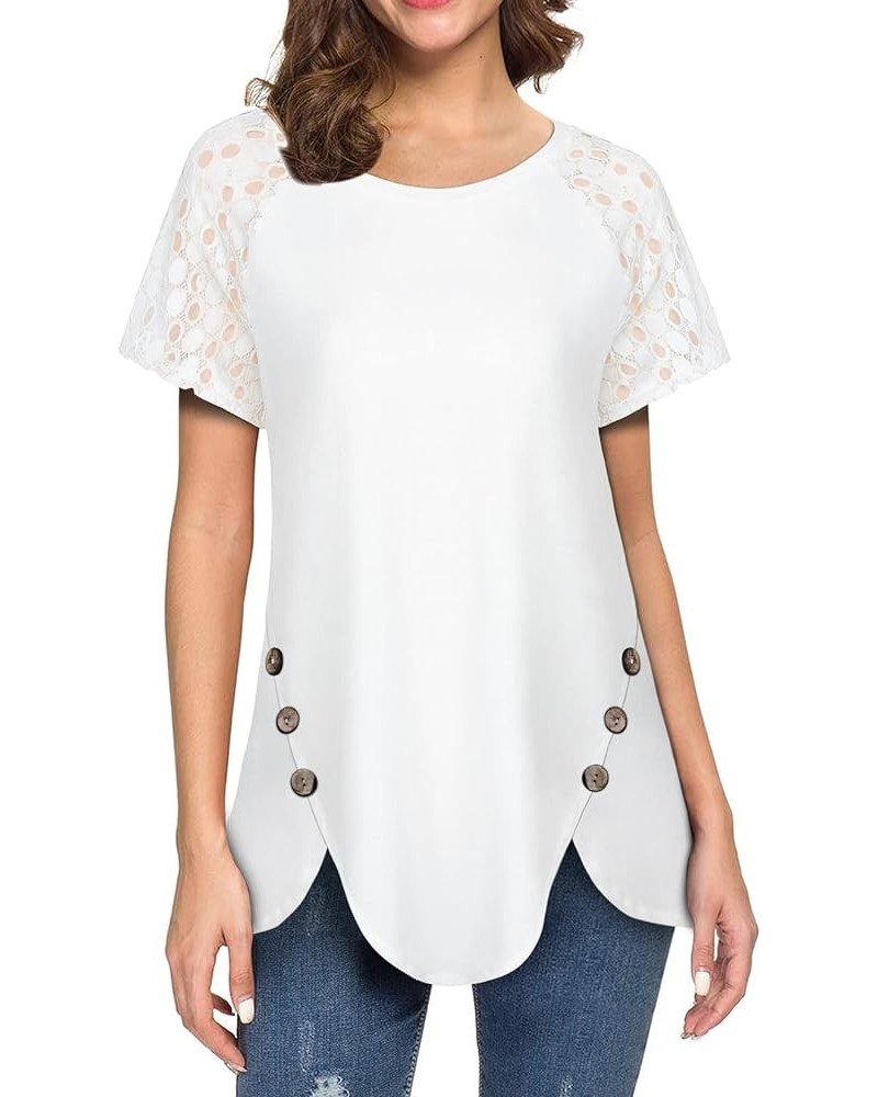 Womens Short Sleeve Round Neck Hollow Out Trendy Sexy Casual Blouse Tops White $9.66 Blouses