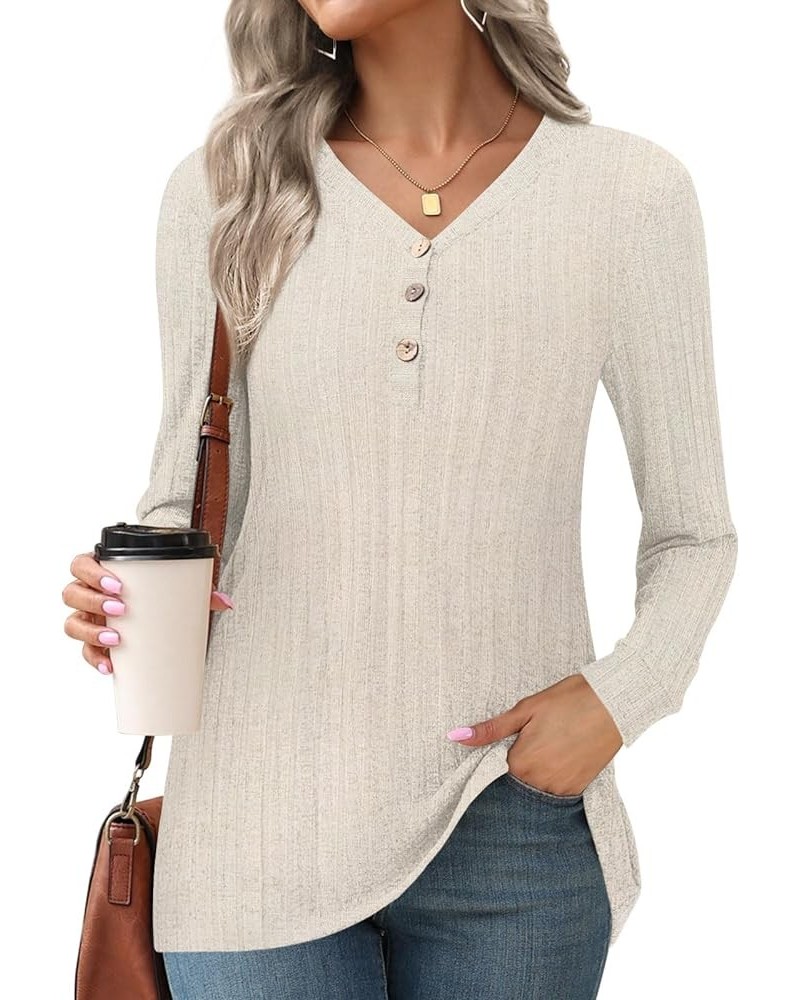 Womens 2024 Fall Winter Tunic Tops Long Sleeve Casual T-Shirts Soft Comfy Stripe Blouse Lightweight 1-vneck Beige $12.99 Tops