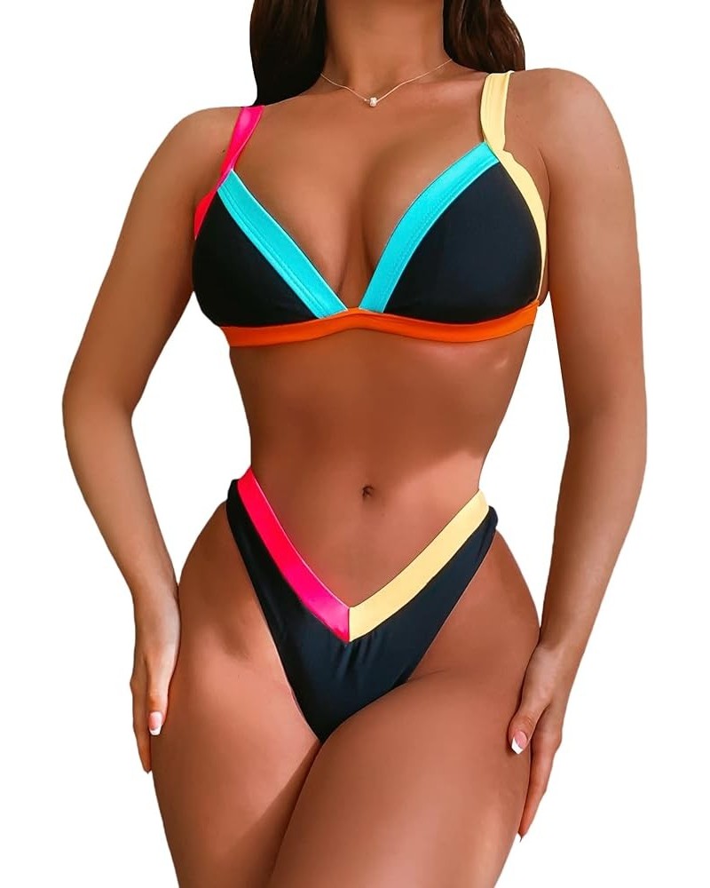 Women's 2 Piece Colorblock Triangle Bikini Set Rib Knit Swimsuit Swimwear Bathing Suit Black $11.92 Swimsuits