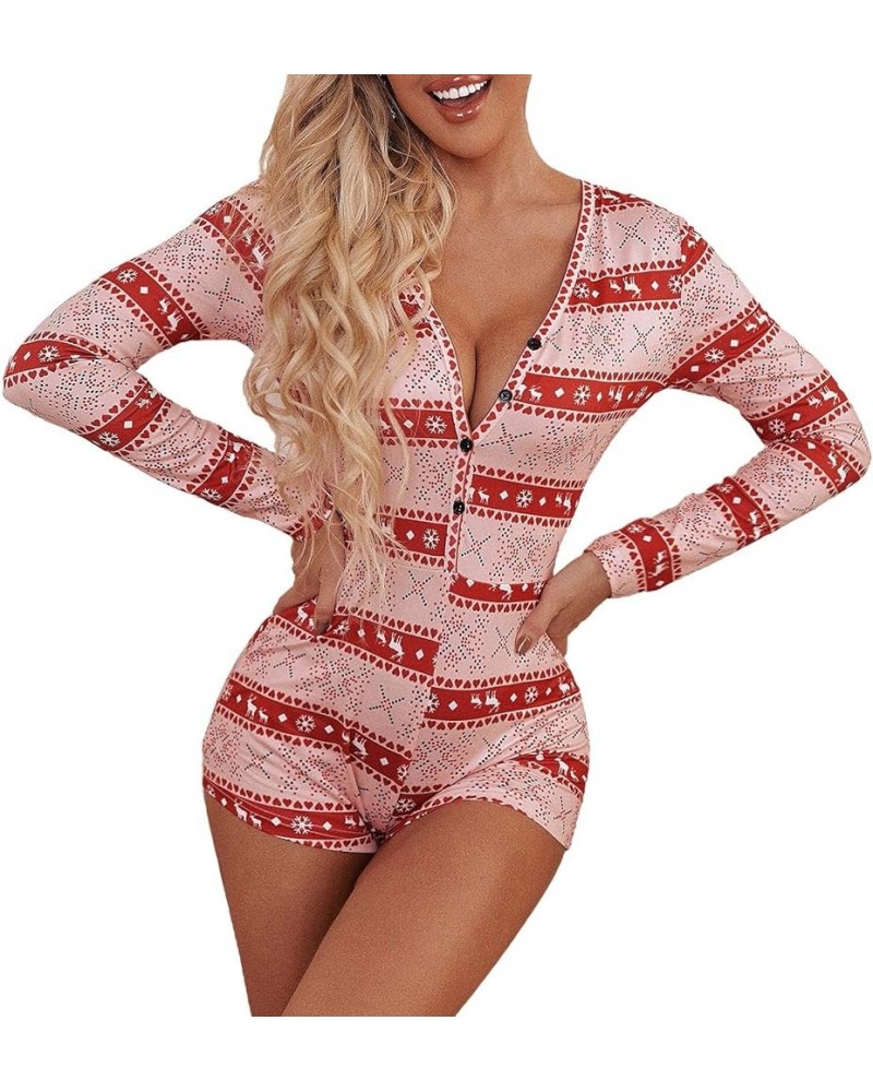 Womens Christmas Romper Pajamas One Piece Printed Bodycon Jumpsuit Shorts Sexy One Piece Pjs Overall S Pink Stripe Elk $9.17 ...