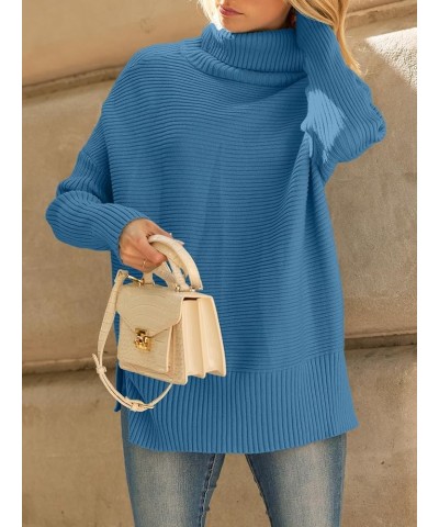 Women's Oversized Turtleneck Sweaters 2023 Fall Batwing Sleeve Ribbed Tunic Sweater Lake Blue $31.19 Sweaters